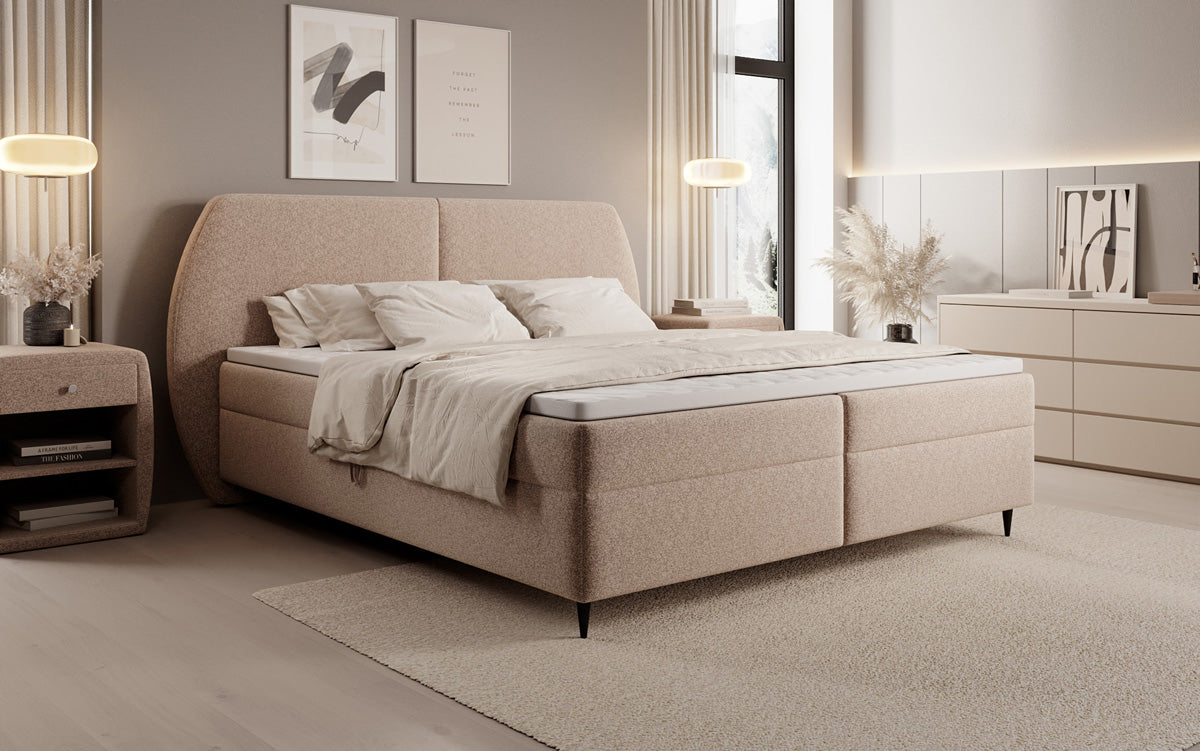 Box spring bed Nara in textured fabric with storage space