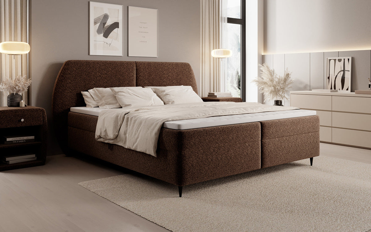 Box spring bed Nara in textured fabric with storage space