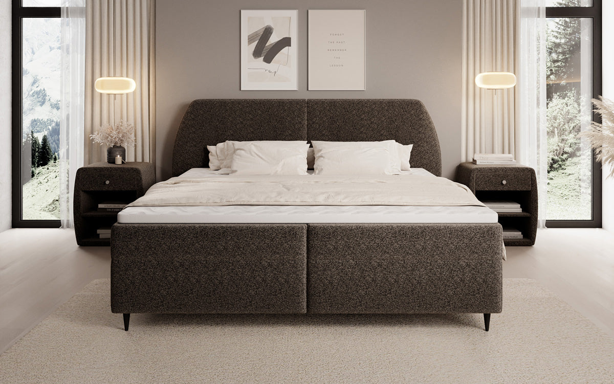 Box spring bed Nara in textured fabric with storage space