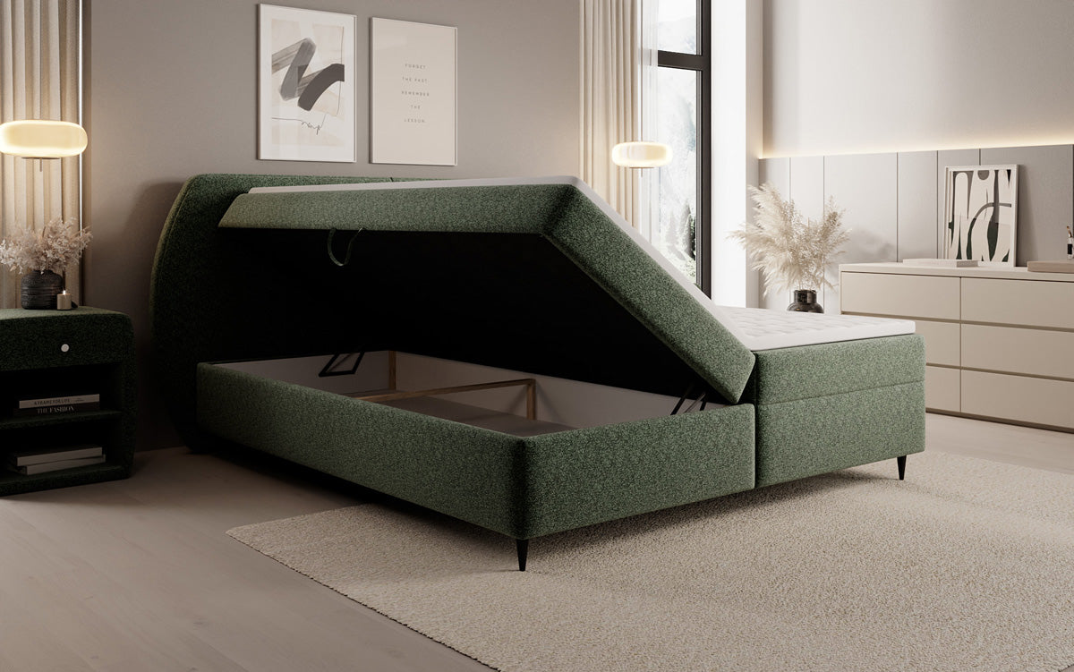 Box spring bed Nara in textured fabric with storage space
