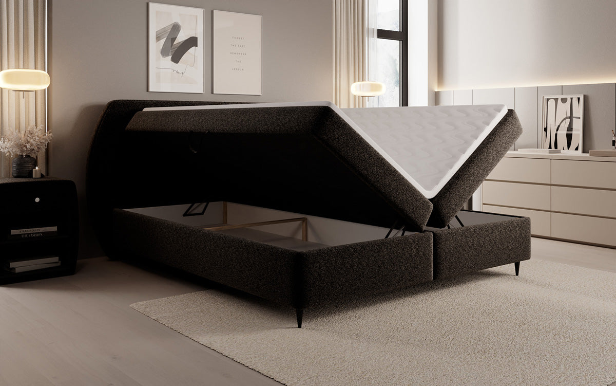 Box spring bed Nara in textured fabric with storage space