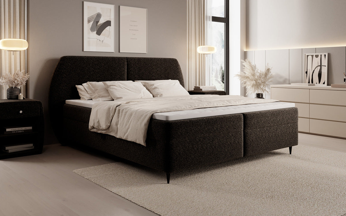 Box spring bed Nara in textured fabric with storage space