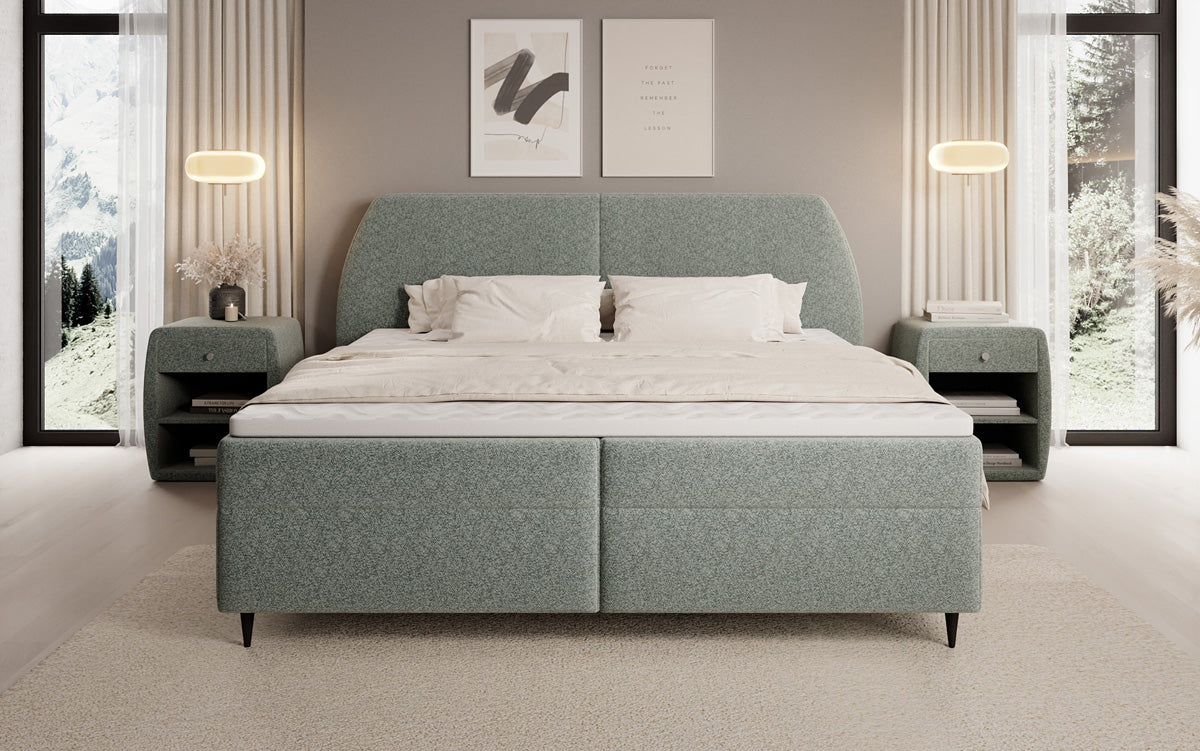 Box spring bed Nara in textured fabric with storage space