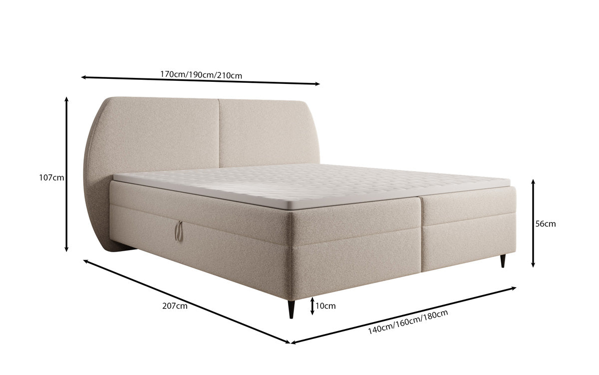 Box spring bed Nara in textured fabric with storage space