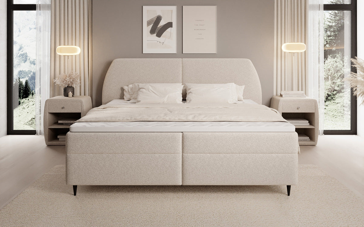 Box spring bed Nara in textured fabric with storage space