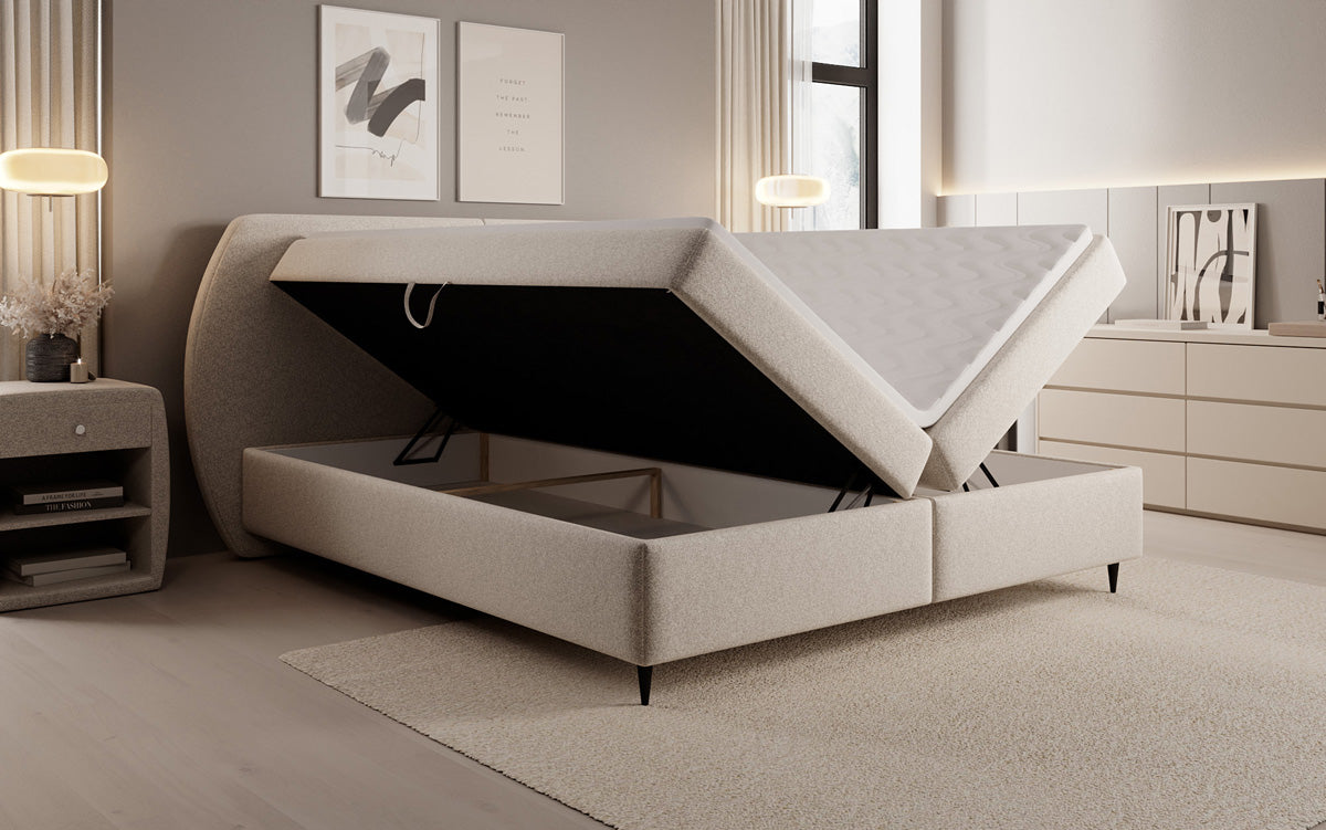Box spring bed Nara in textured fabric with storage space