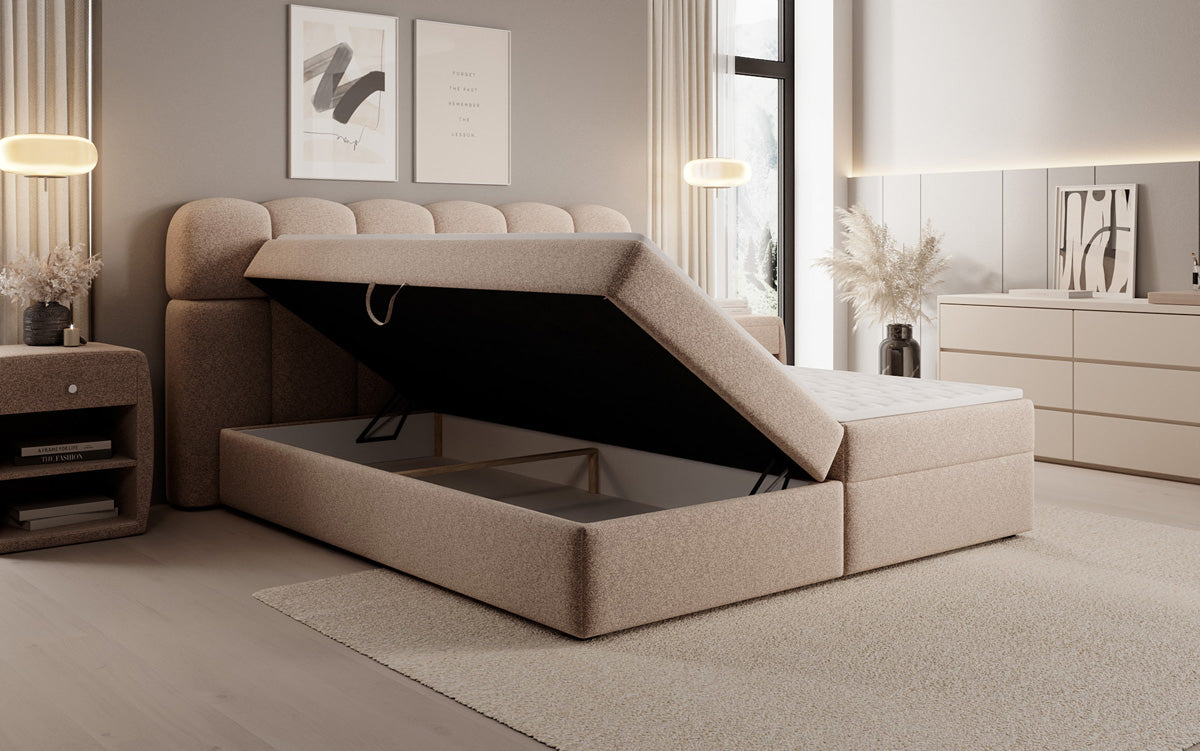 Box spring bed Tilde in textured fabric with storage space