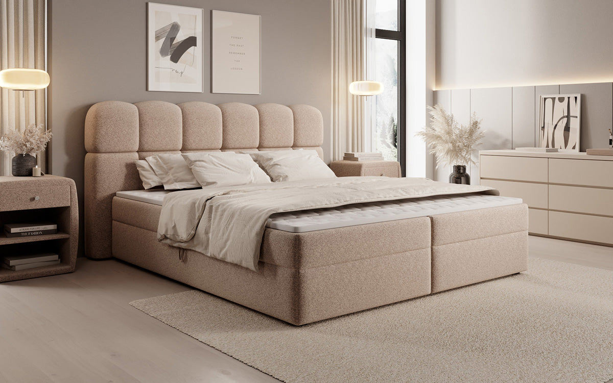 Box spring bed Tilde in textured fabric with storage space