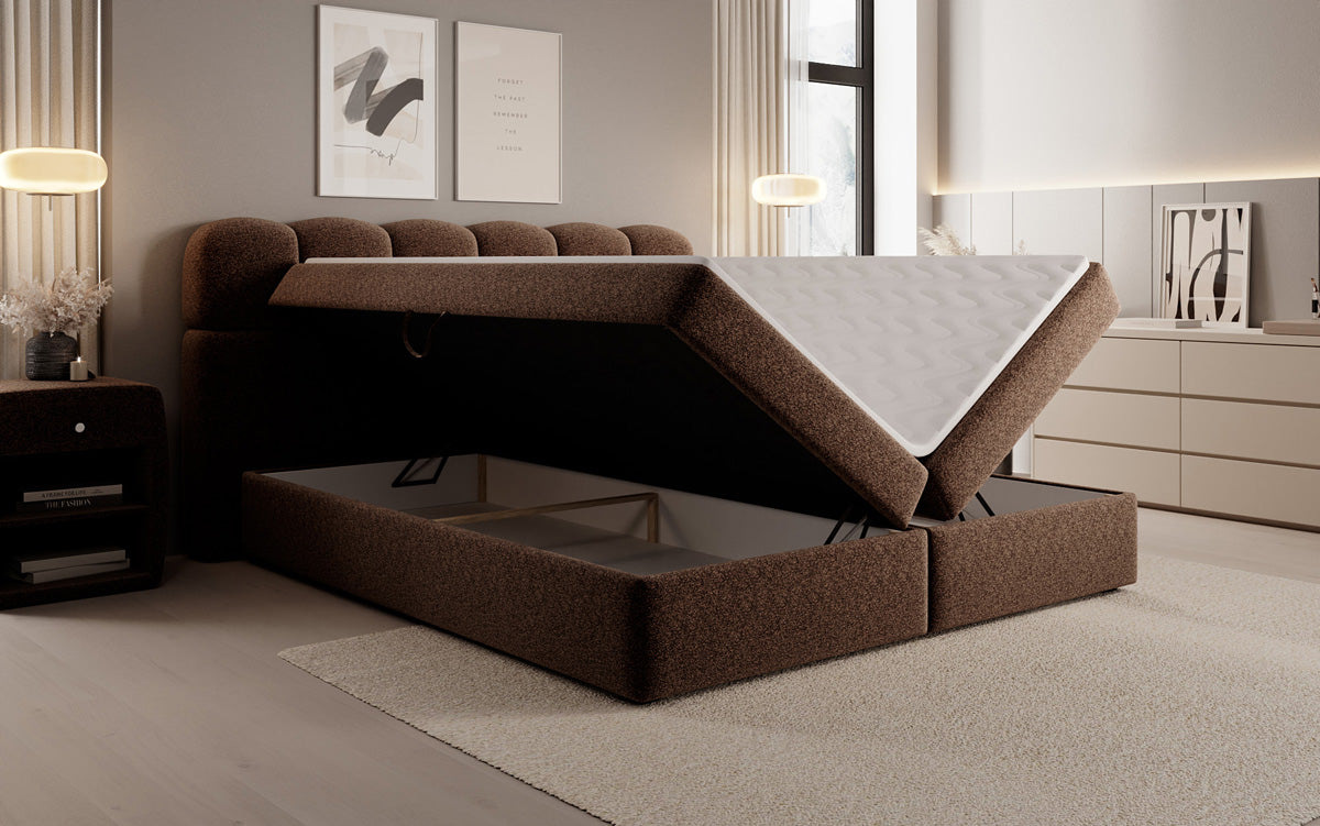 Box spring bed Tilde in textured fabric with storage space