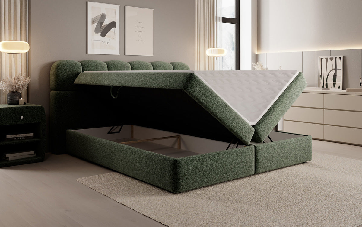 Box spring bed Tilde in textured fabric with storage space