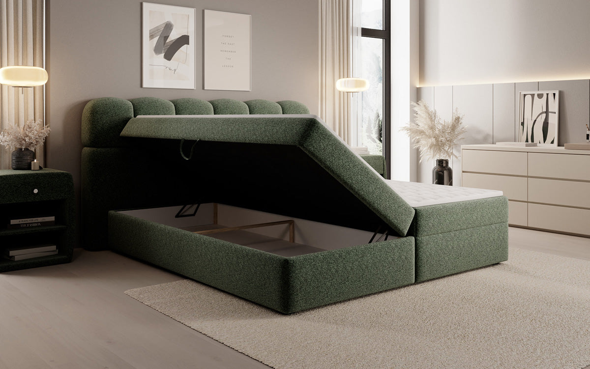 Box spring bed Tilde in textured fabric with storage space
