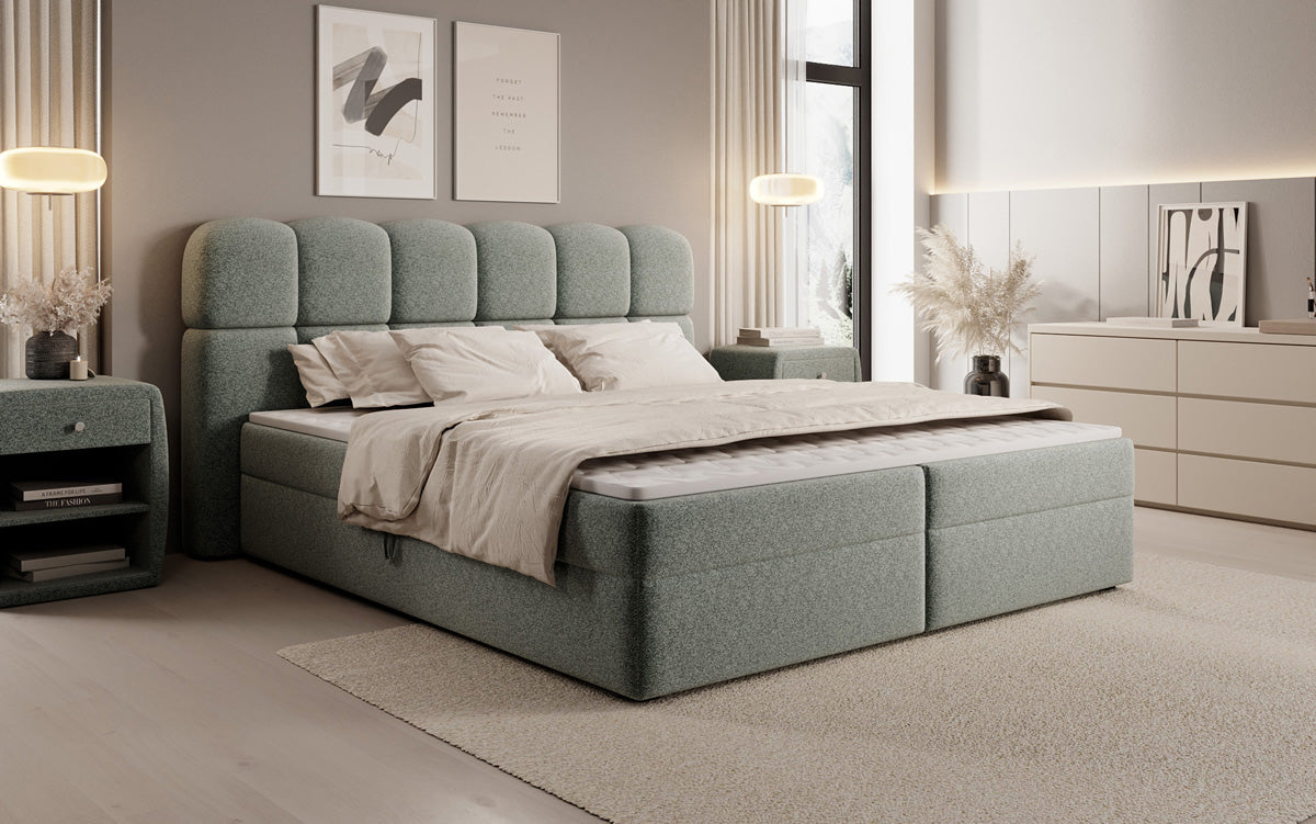 Box spring bed Tilde in textured fabric with storage space
