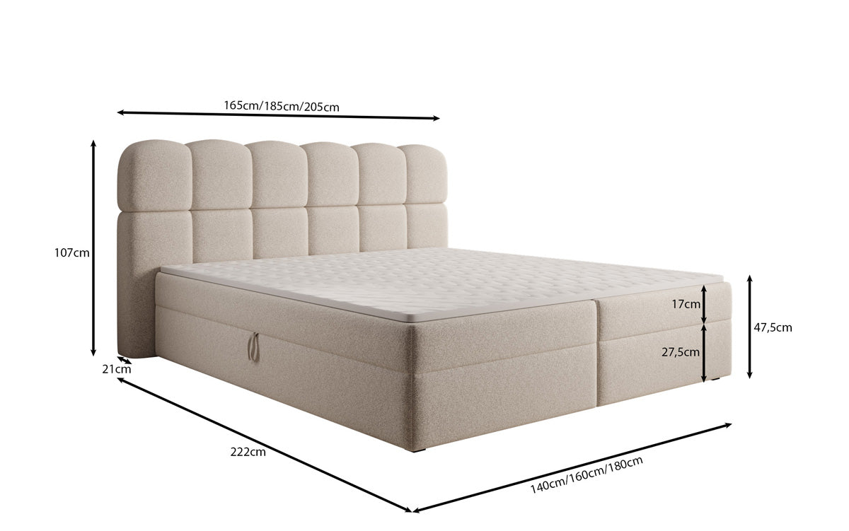 Box spring bed Tilde in textured fabric with storage space