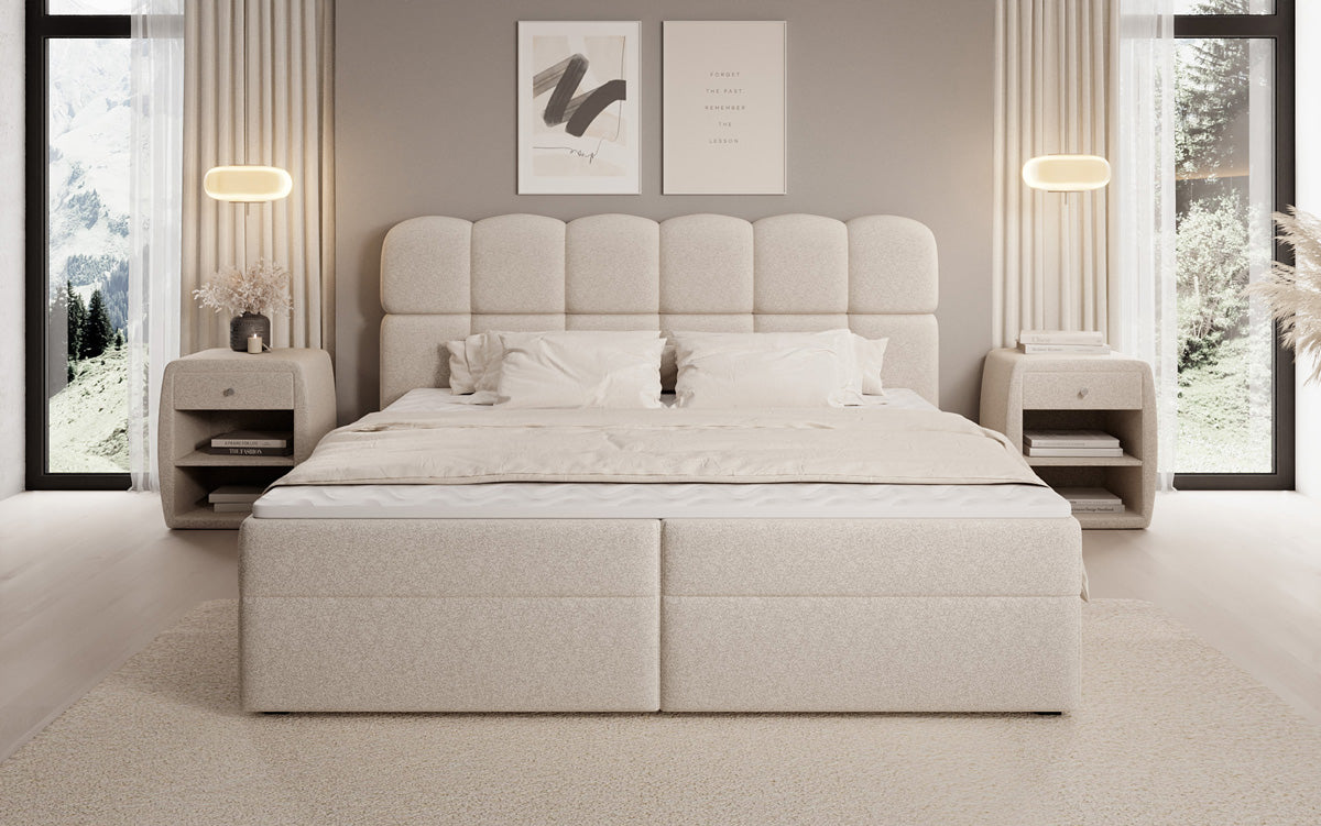 Box spring bed Tilde in textured fabric with storage space