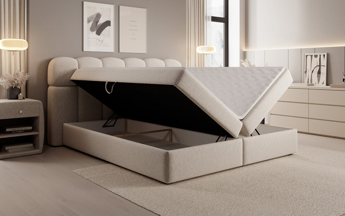 Box spring bed Tilde in textured fabric with storage space