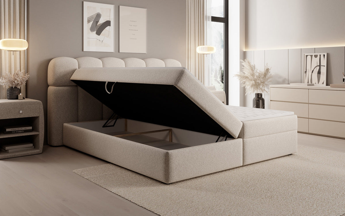 Box spring bed Tilde in textured fabric with storage space