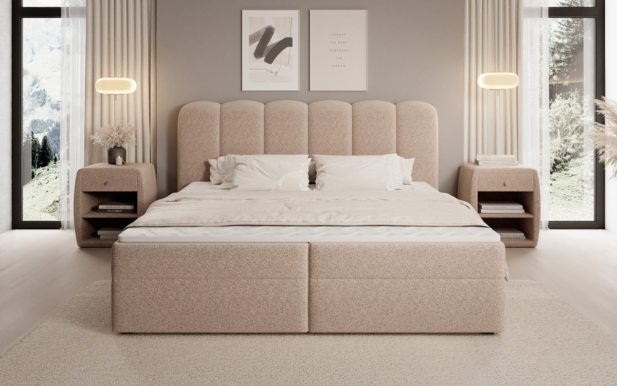 Box spring bed Bologna in textured fabric with storage space