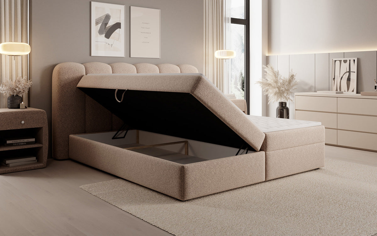 Box spring bed Bologna in textured fabric with storage space