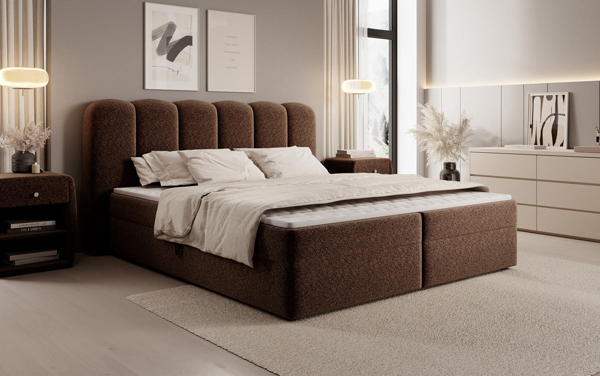 Box spring bed Bologna in textured fabric with storage space