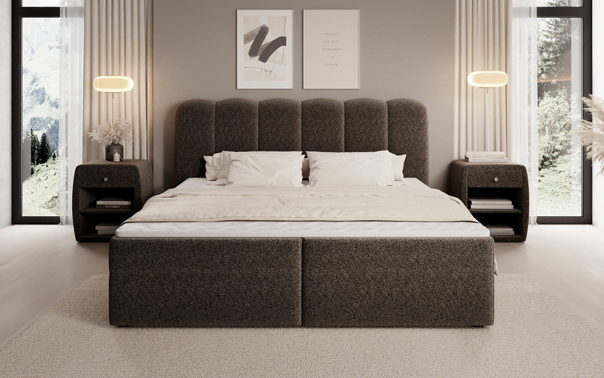 Box spring bed Bologna in textured fabric with storage space