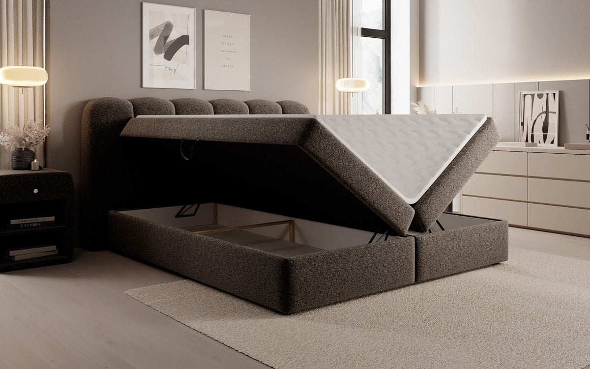 Box spring bed Bologna in textured fabric with storage space