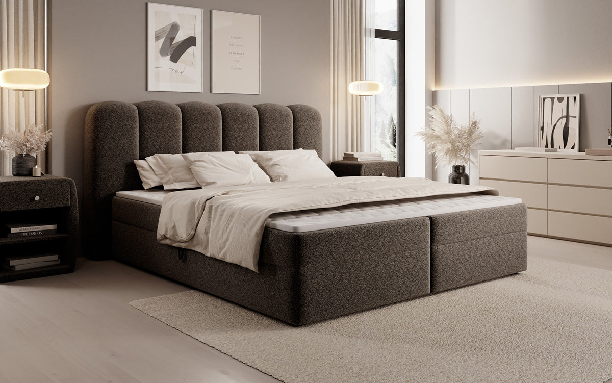 Box spring bed Bologna in textured fabric with storage space