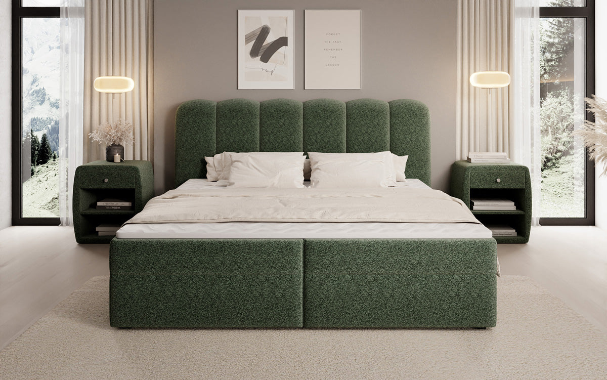Box spring bed Bologna in textured fabric with storage space
