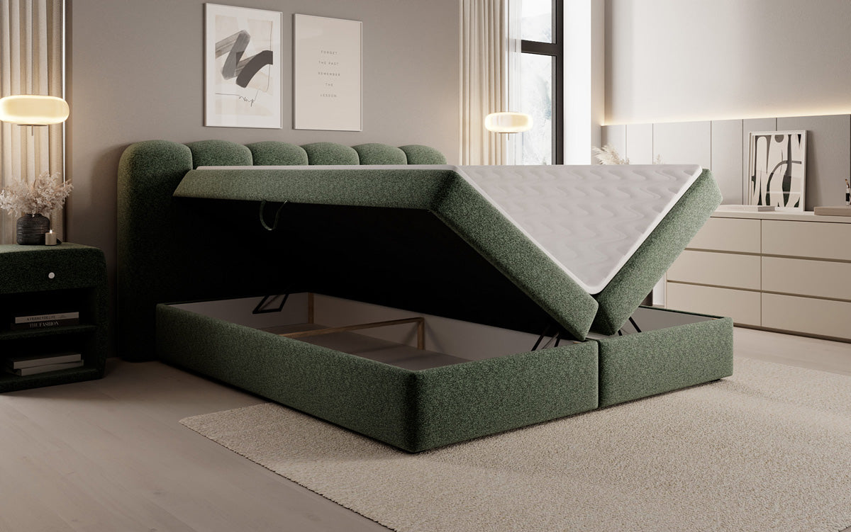 Box spring bed Bologna in textured fabric with storage space