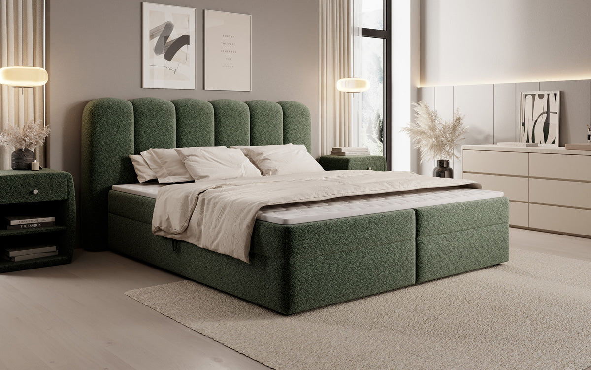 Box spring bed Bologna in textured fabric with storage space