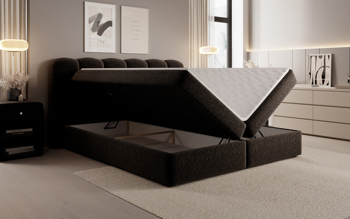 Box spring bed Bologna in textured fabric with storage space