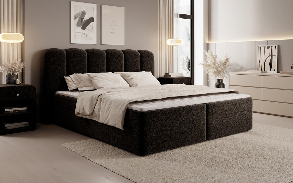 Box spring bed Bologna in textured fabric with storage space