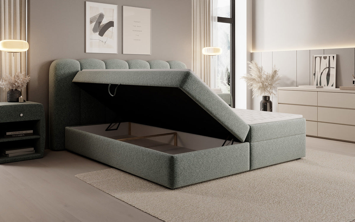 Box spring bed Bologna in textured fabric with storage space