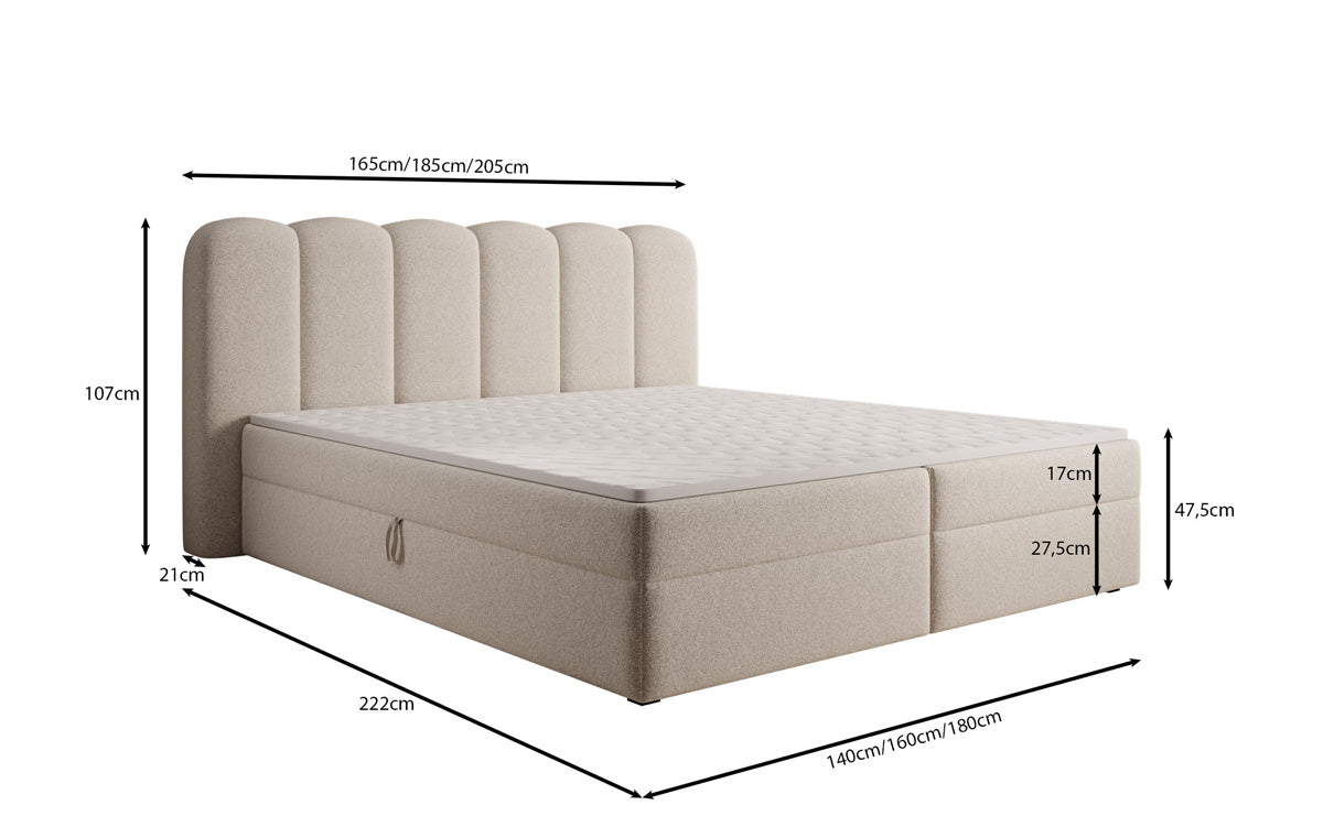 Box spring bed Bologna in textured fabric with storage space