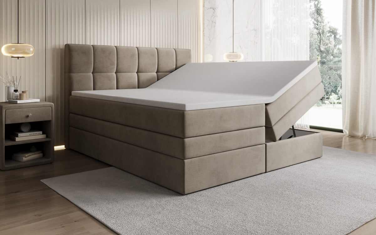 Windsor box spring bed with storage in velvet