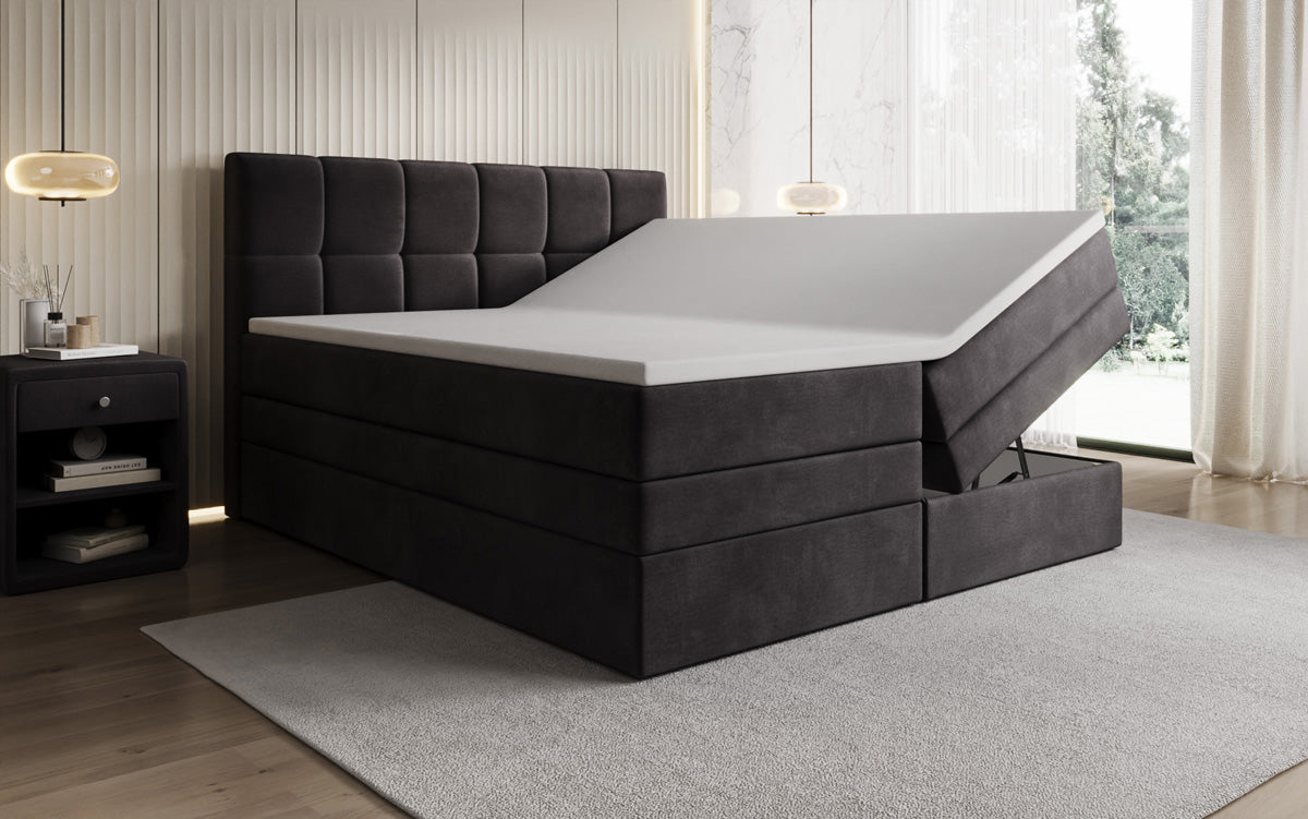 Windsor box spring bed with storage in velvet