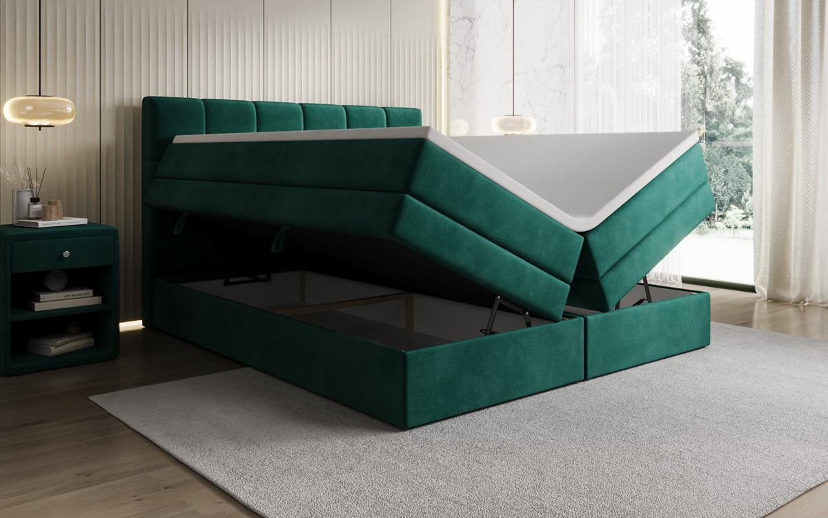 Windsor box spring bed with storage in velvet
