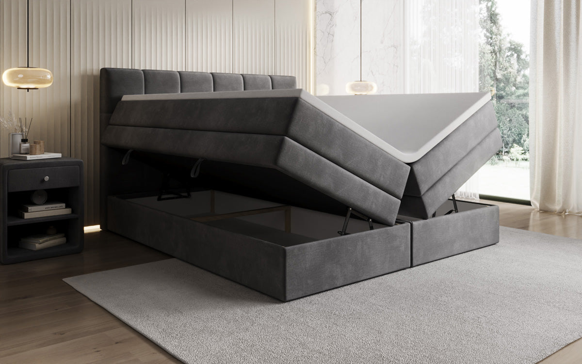 Windsor box spring bed with storage in velvet