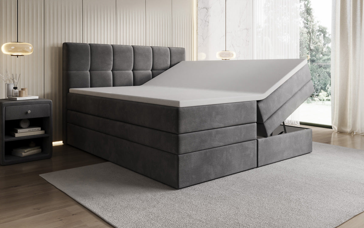 Windsor box spring bed with storage in velvet