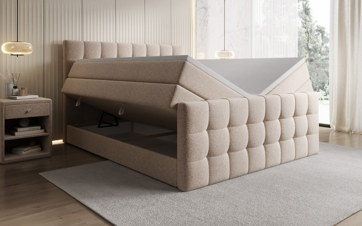 Box spring bed Ascot in textured fabric with storage space