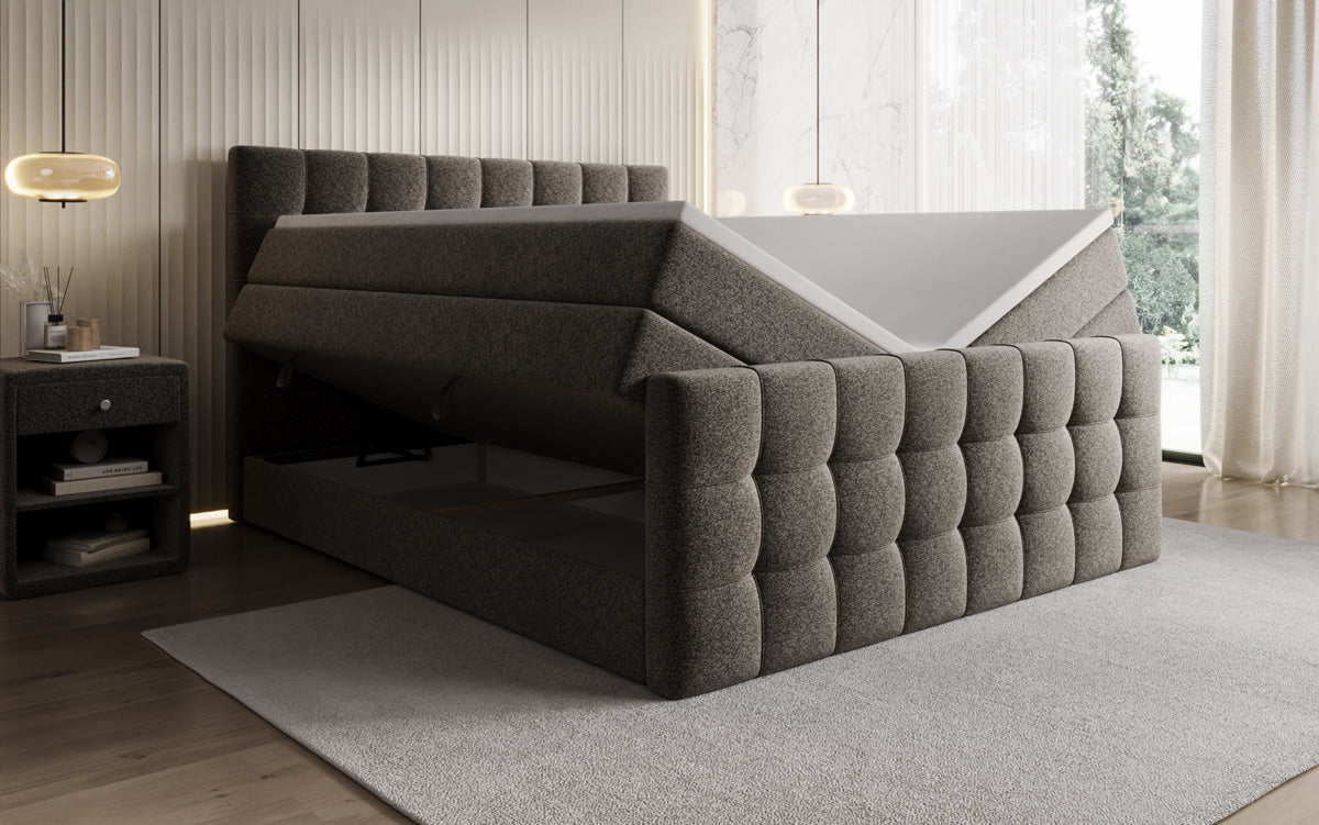 Box spring bed Ascot in textured fabric with storage space