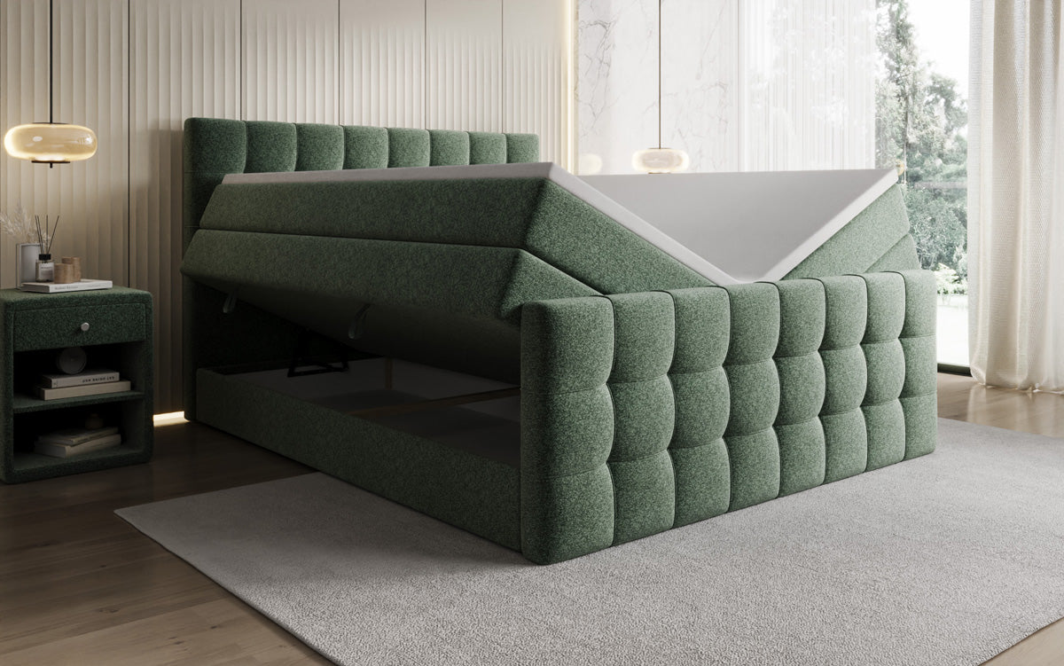 Box spring bed Ascot in textured fabric with storage space