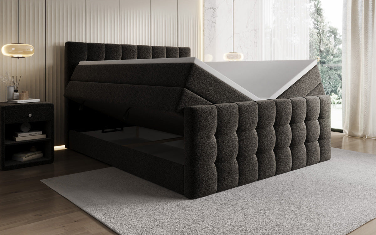 Box spring bed Ascot in textured fabric with storage space