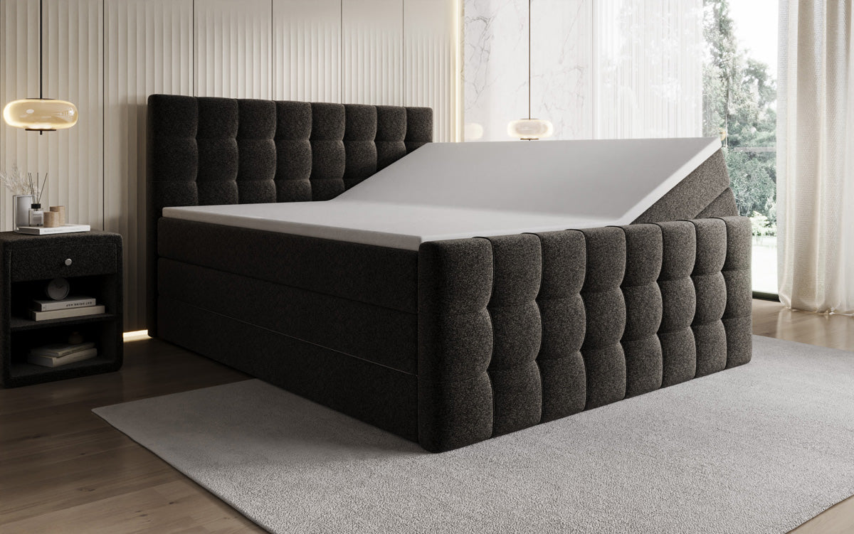 Box spring bed Ascot in textured fabric with storage space