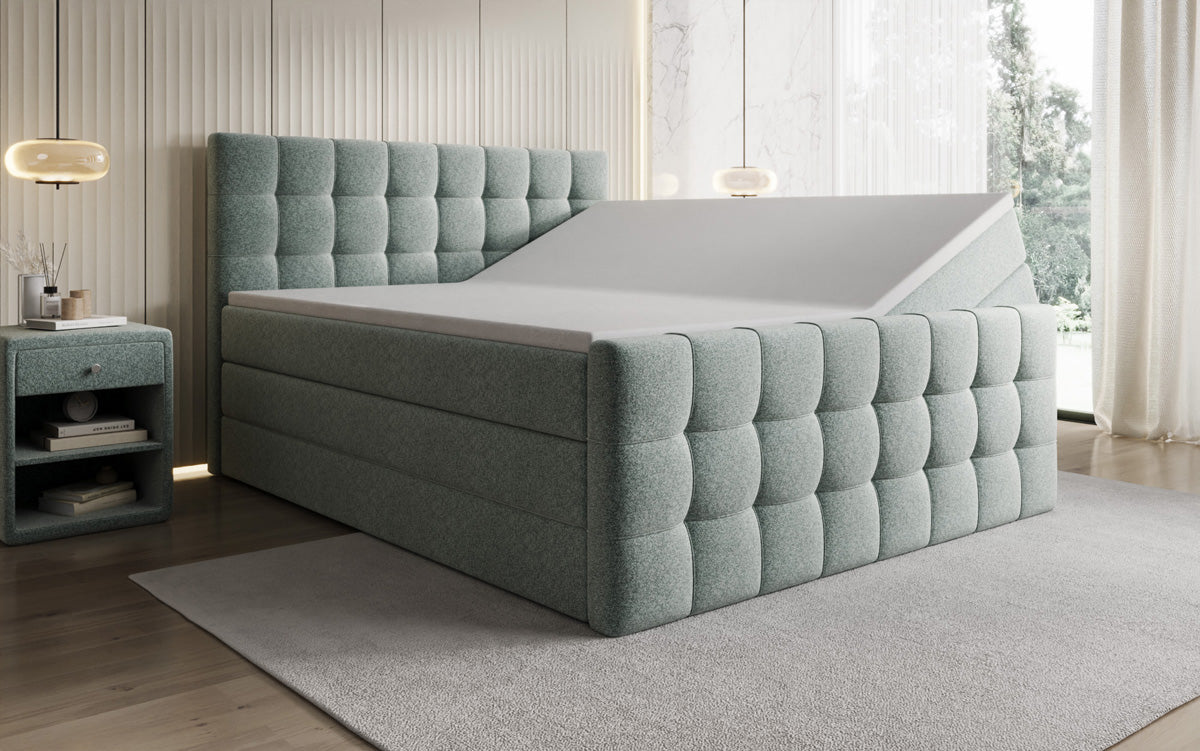 Box spring bed Ascot in textured fabric with storage space