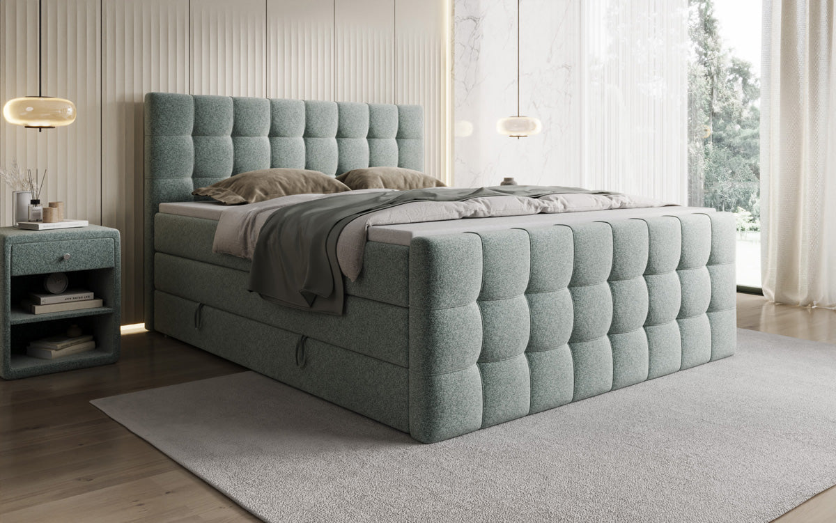 Box spring bed Ascot in textured fabric with storage space