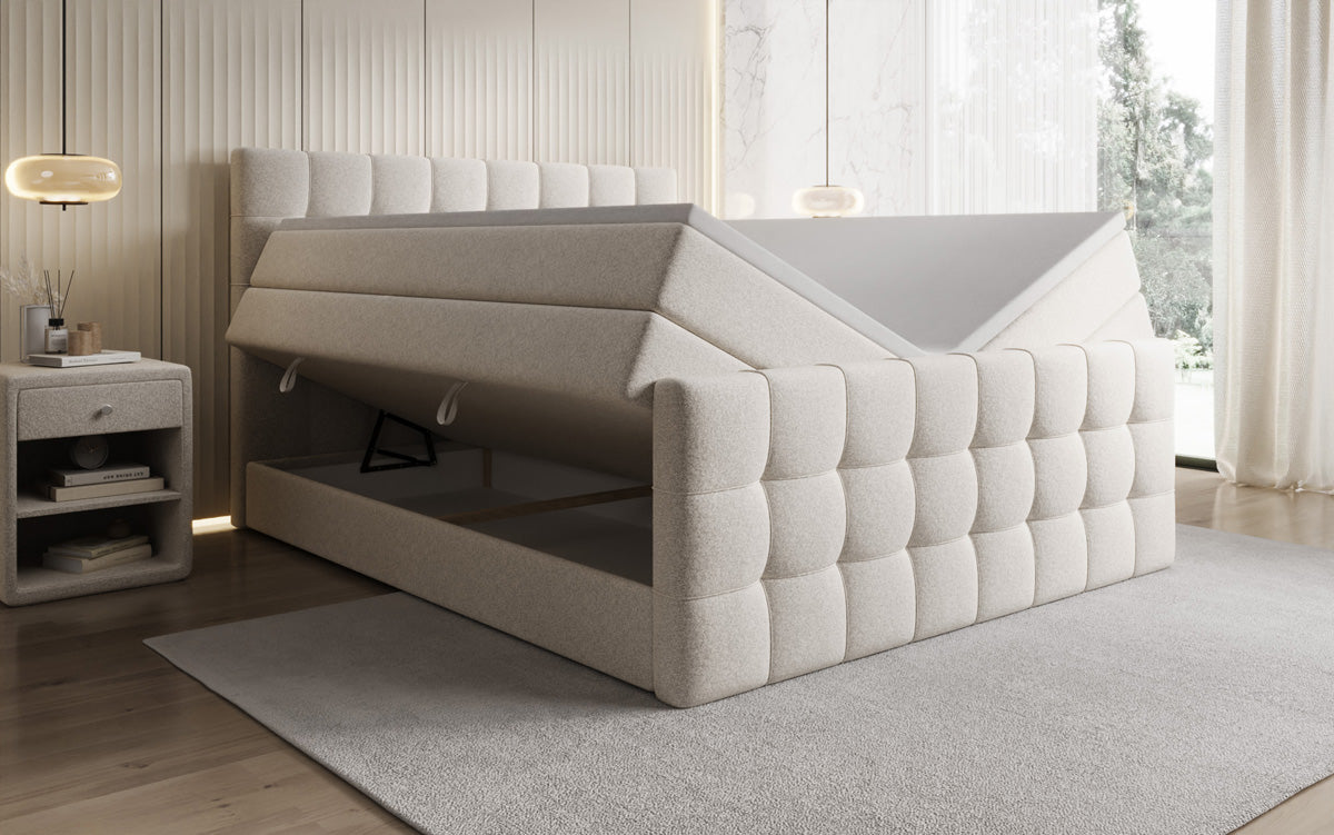 Box spring bed Ascot in textured fabric with storage space