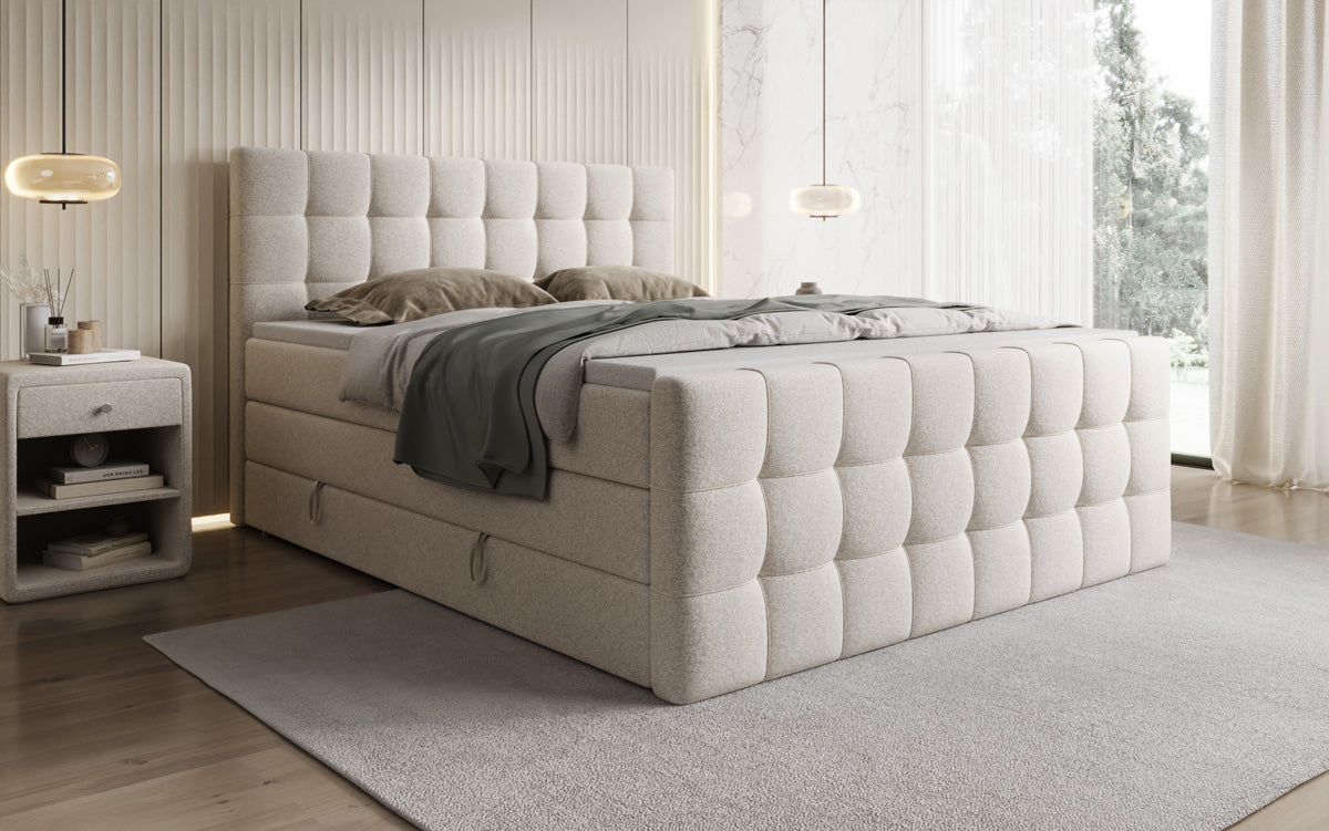 Box spring bed Ascot in textured fabric with storage space