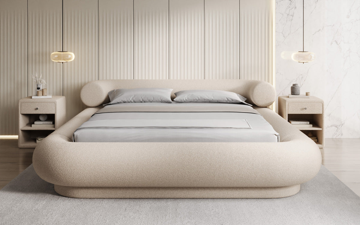 Designer Polsterbett Mochi in Teddy Bouclé mit Stauraum