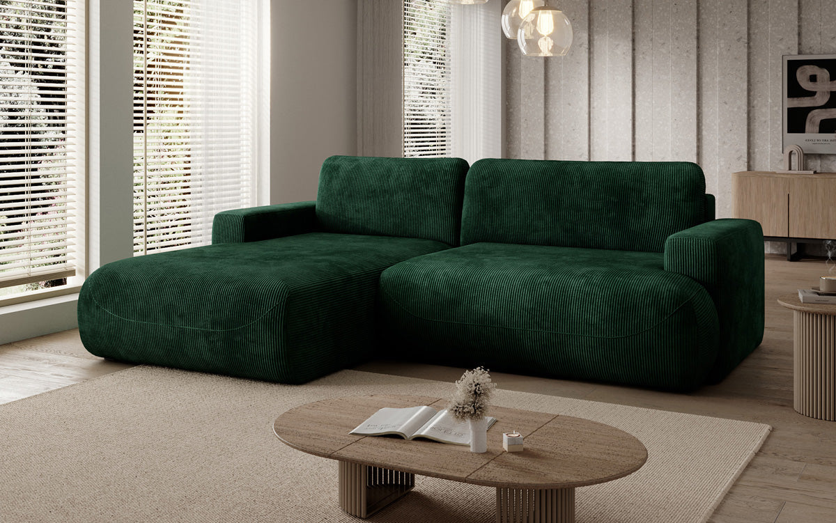 Designer corner sofa Enzo with sleeping and fold-out function in Corduroy