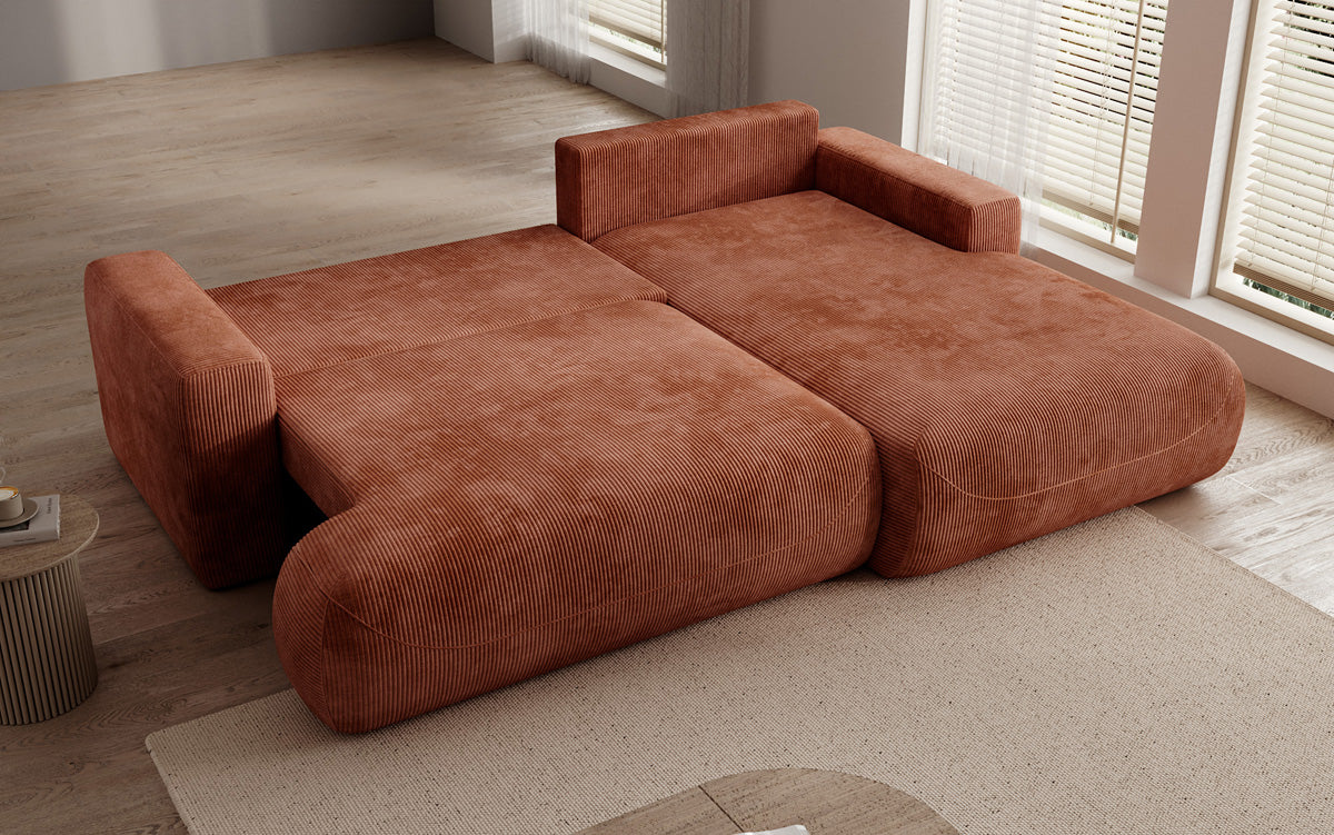 Designer corner sofa Enzo with sleeping and fold-out function in Corduroy